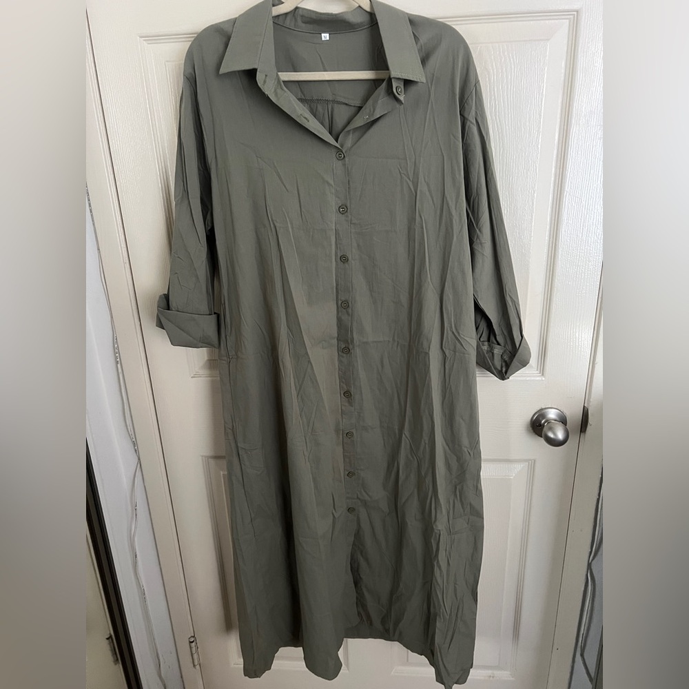 Green Cotton Blend Shirt Dress